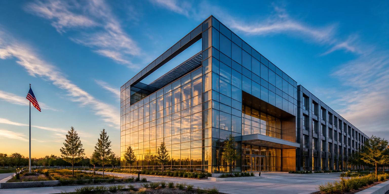 GRC XL Inc. US headquarters — a modern glass corporate building in Delaware at sunset with the American flag.